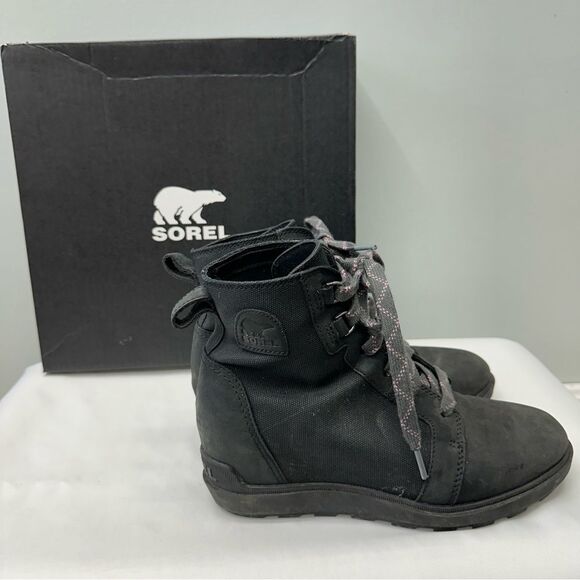 Sorel Evie II black lace up booties boots women's 8.5 leather and canvas - Picture 3 of 7